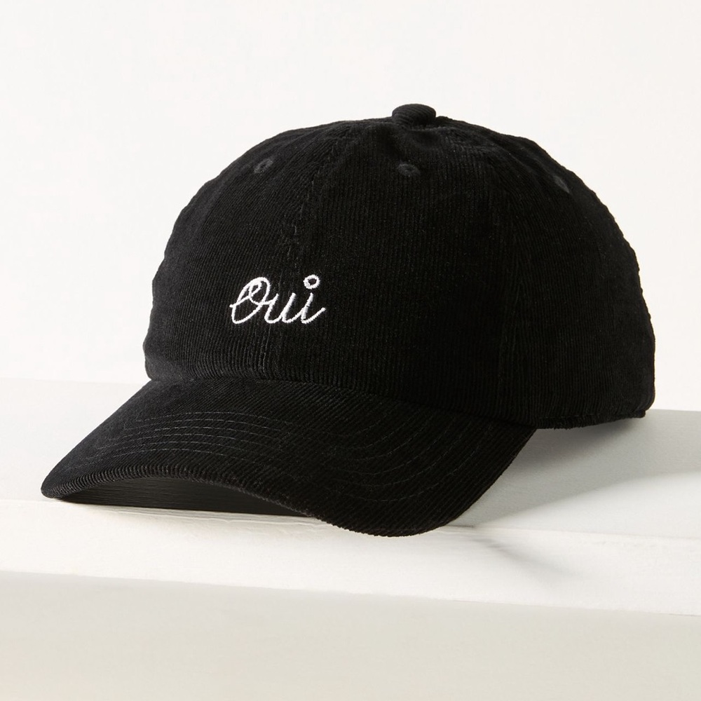 New CLARE V. ‘Oui’ Embroidered Corduroy Baseball Cap Hat Black White OS